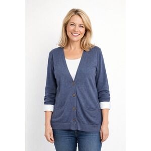 J.Jill Long Cardigan M‎ Button Front Pockets Cotton Blue